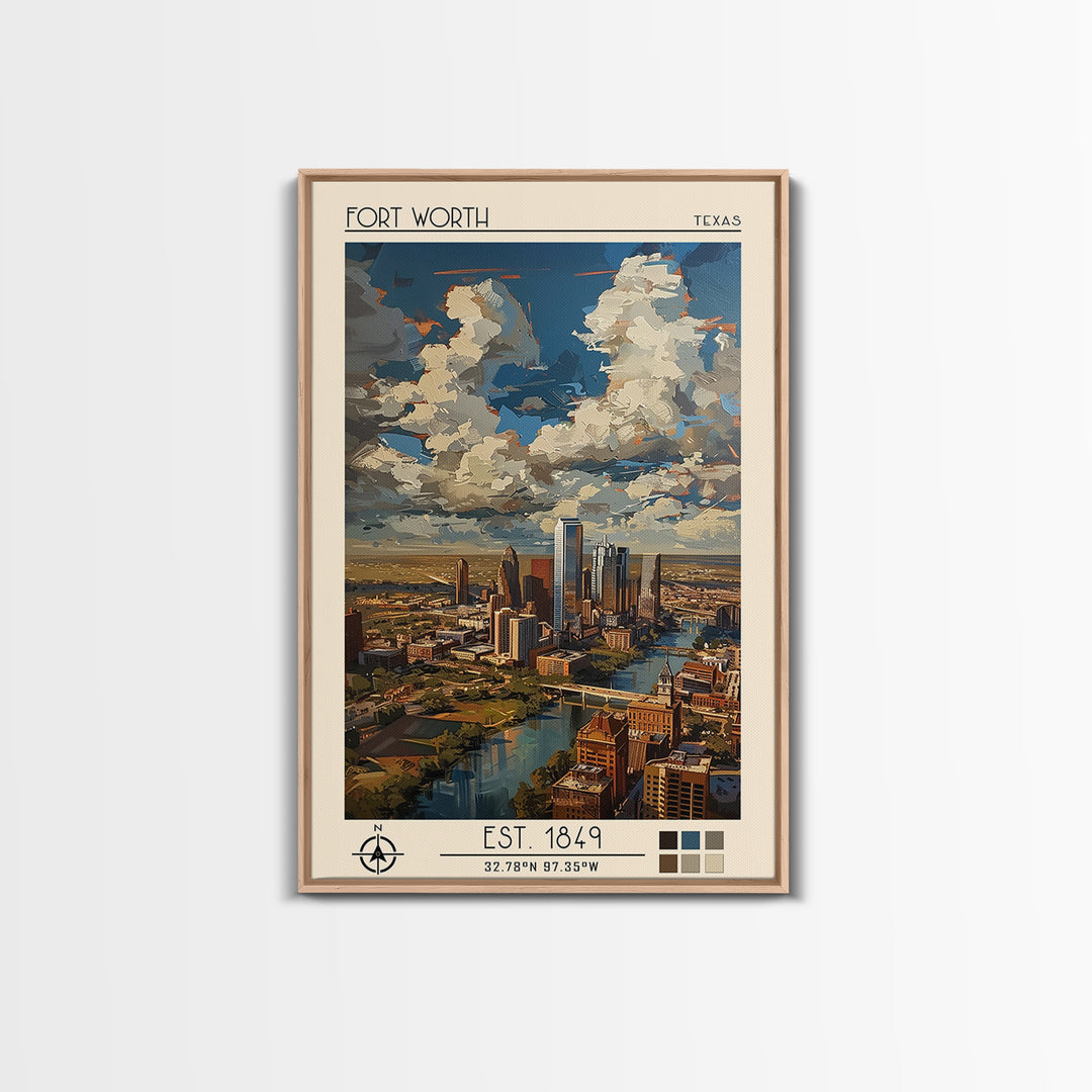 Fort Worth Travel Poster, Framed Canvas Print, Travel Prints, Landscape Art, City Art Print, Vintage Travel Art, Vintage City Poster