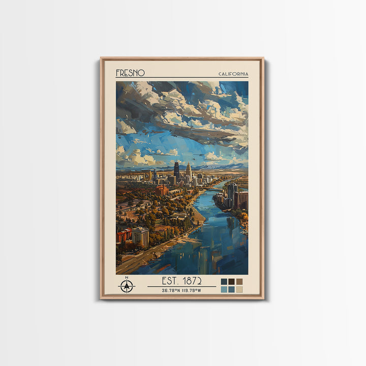 Fresno Travel Poster, Framed Canvas Print, Travel Art Print, Modern Wall Decor, Watercolor Cityscape, Fine Art Print, Retro Wall Art