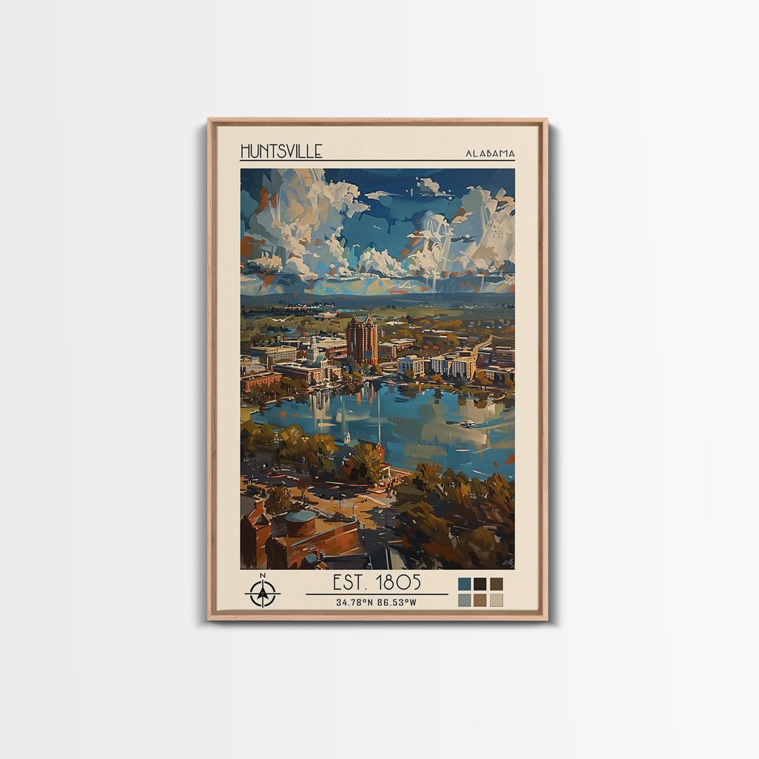 Huntsville Travel Poster, Framed Canvas Print, City Art Print, Travel Wall Art, Vintage Travel Art, Travel Prints, City Illustration