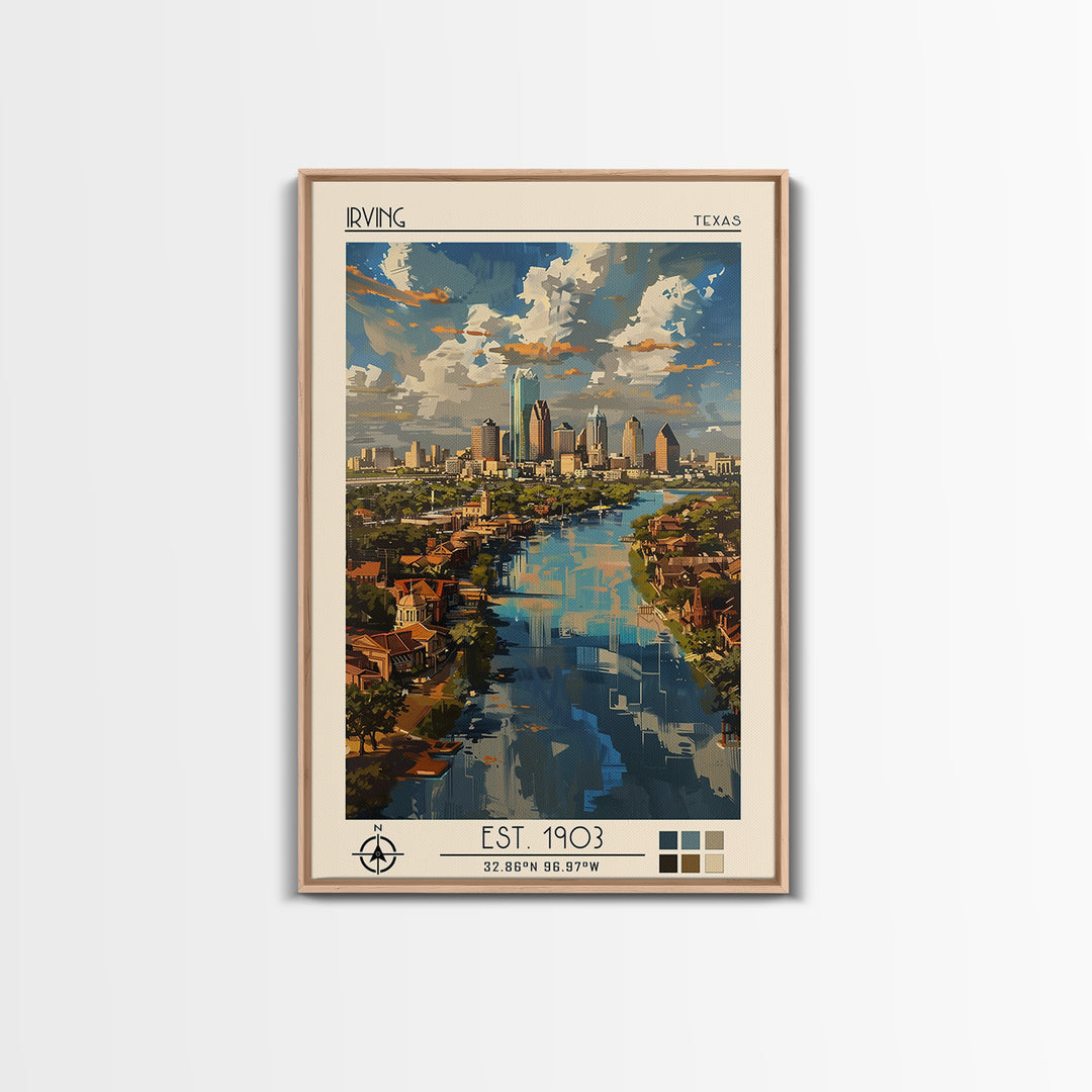 Irving Travel Poster, Framed Canvas Print, Travel Prints, Landscape Art, Retro Travel Poster, Watercolor Cityscape, Travel Art Print
