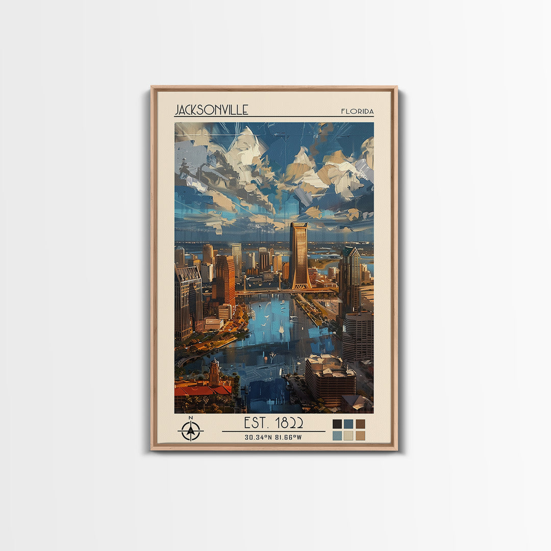 Jacksonville Travel Poster, Framed Canvas Print, Travel Prints, Landscape Art, Vintage Poster, Travel Art Print, Retro Travel Poster