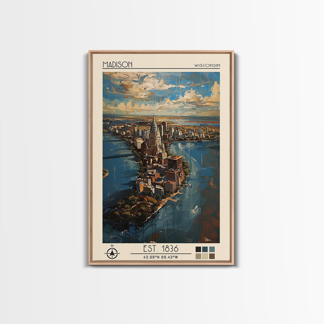 Madison Travel Poster, Framed Canvas Print, City Travel Poster, Vintage City Poster, Wall Art, Travel Posters, Art Print, Poster Art