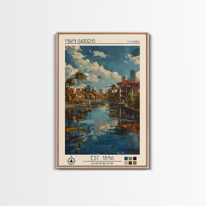 Miami Gardens Travel Poster, Framed Canvas Print, Travel Wall Art, City Wall Art, Travel Prints, Travel Art Print, Colorful Wall Art