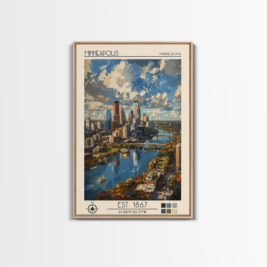 Minneapolis Travel Poster, Framed Canvas Print, Travel Wall Art, City Wall Art, City Travel Poster, Vintage Poster, Travel Art Print
