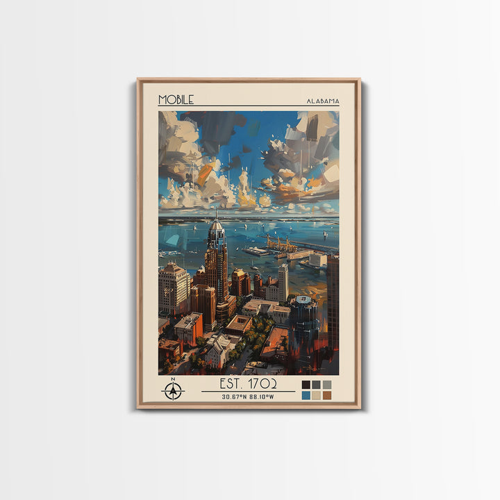 Mobile Travel Poster, Framed Canvas Print, Retro Wall Art, Travel Print, Travel Prints, Wall Art, Travel Wall Art, City Illustration