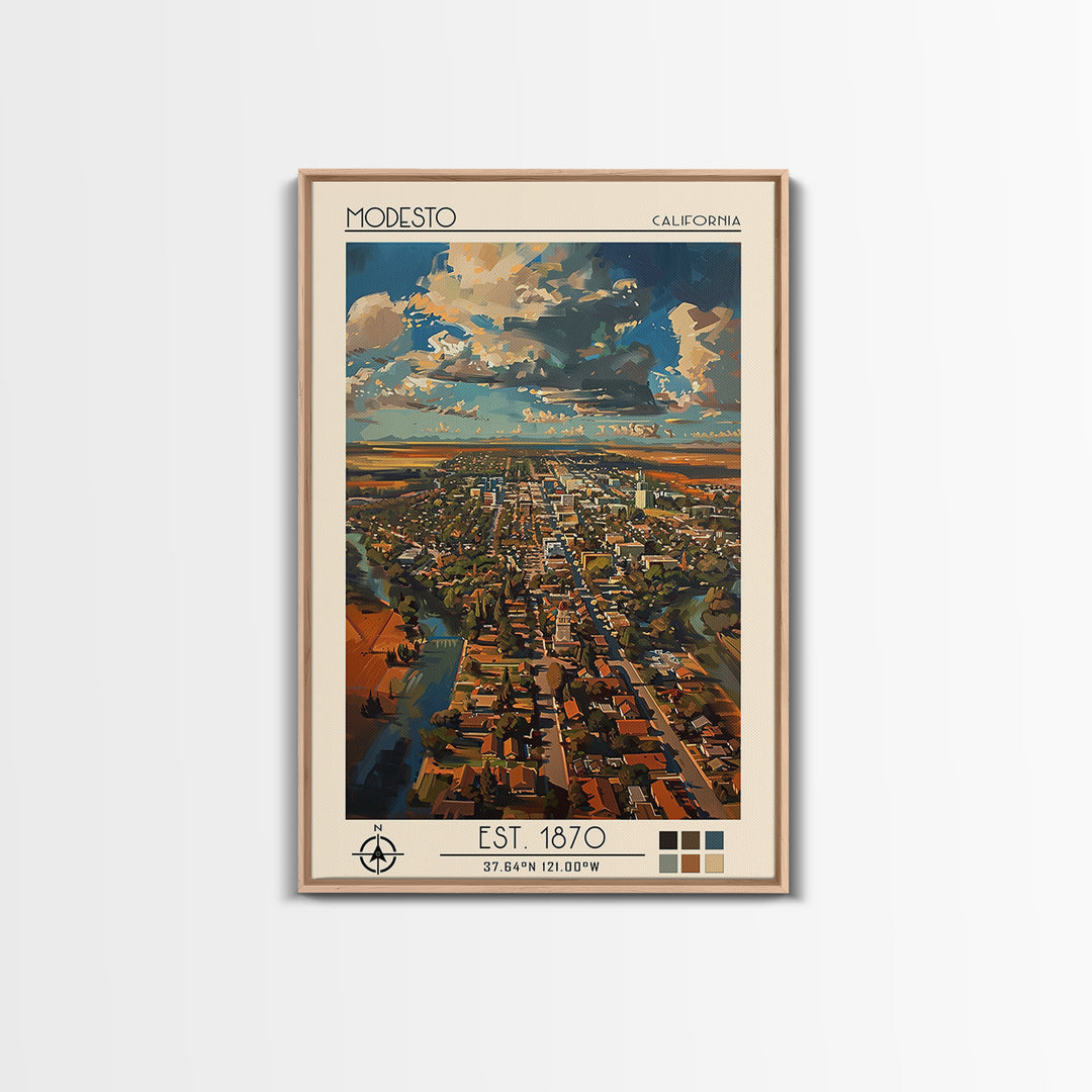 Modesto Travel Poster, Framed Canvas Print, Retro Wall Art, Travel Print, Minimalist Poster, Modern Wall Decor, Living Room Wall Art