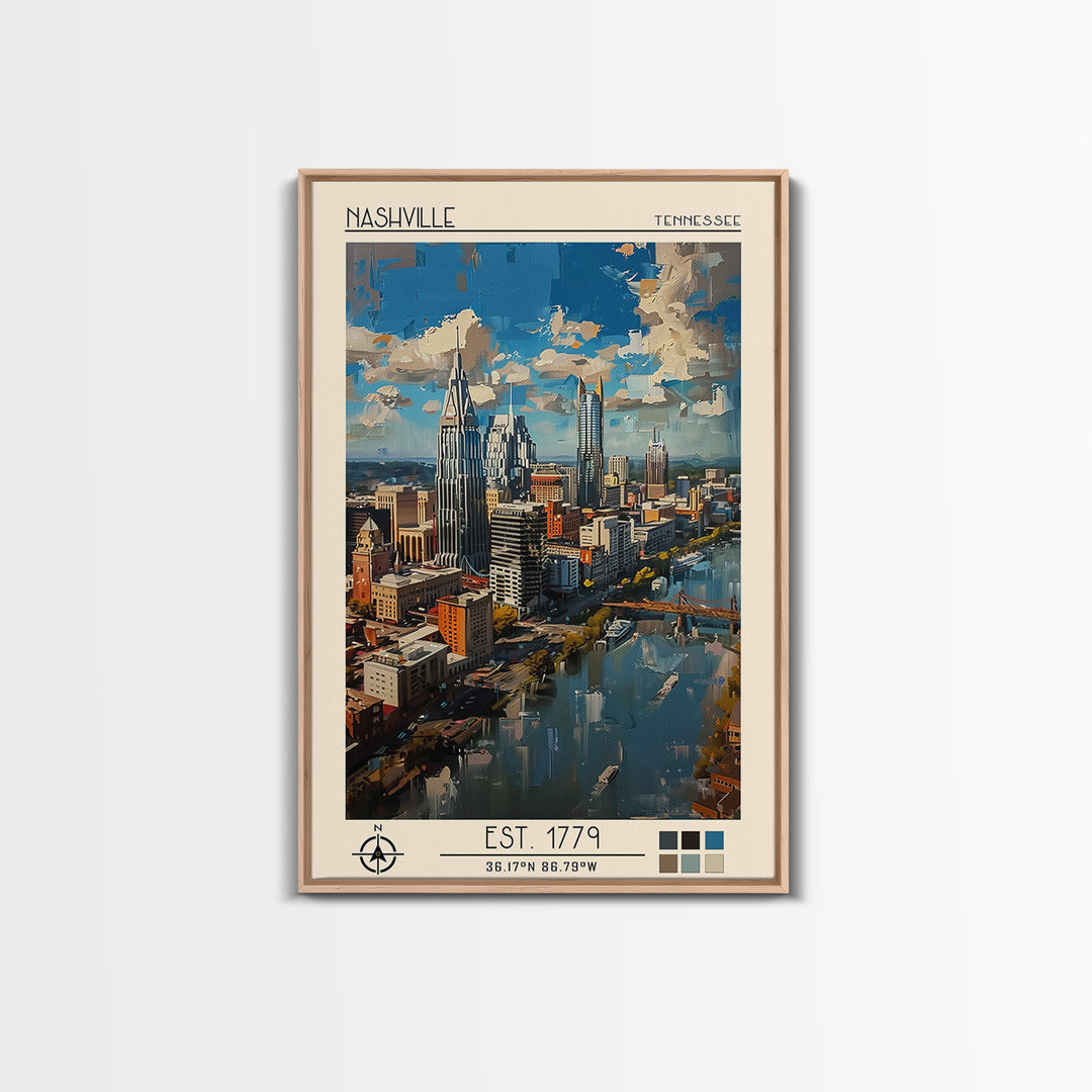 Nashville Travel Poster, Framed Canvas Print, Retro Wall Art, Travel Print, Retro Travel Print, Modern Wall Decor, Colorful Wall Art