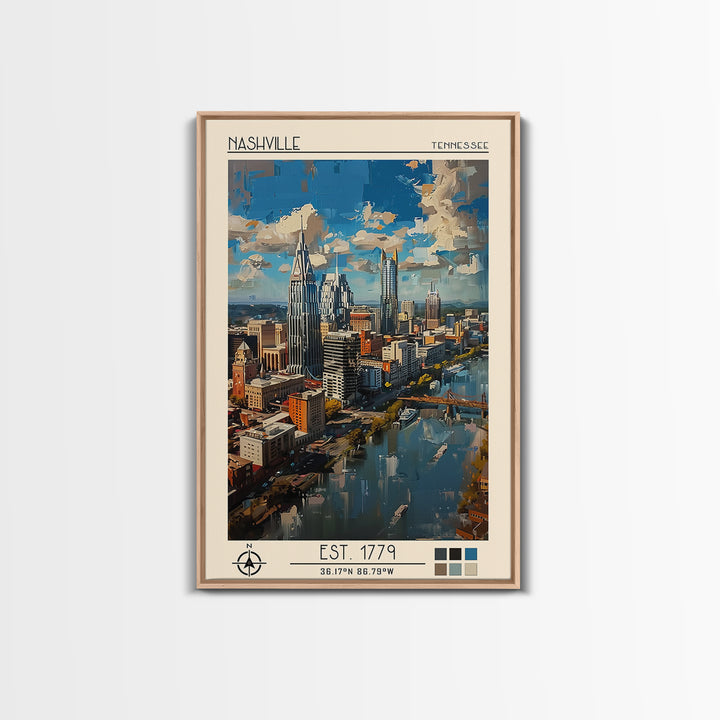 Nashville Travel Poster, Framed Canvas Print, Retro Wall Art, Travel Print, Retro Travel Print, Modern Wall Decor, Colorful Wall Art