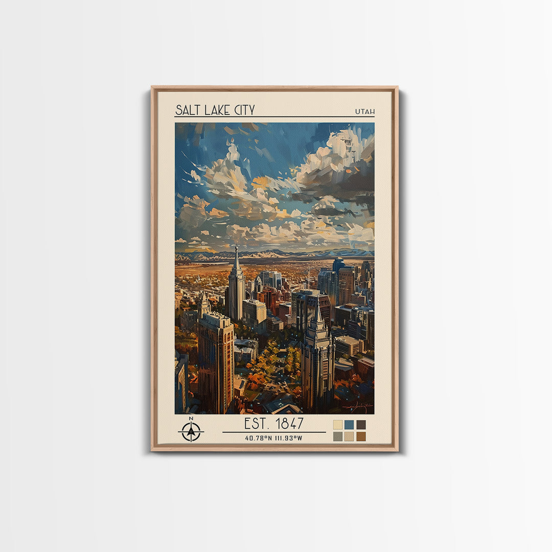 Salt Lake City Travel Poster, Framed Canvas Print, Retro Travel Poster, City Wall Art, Travel Art Print, Travel Wall Decor, Wall Art