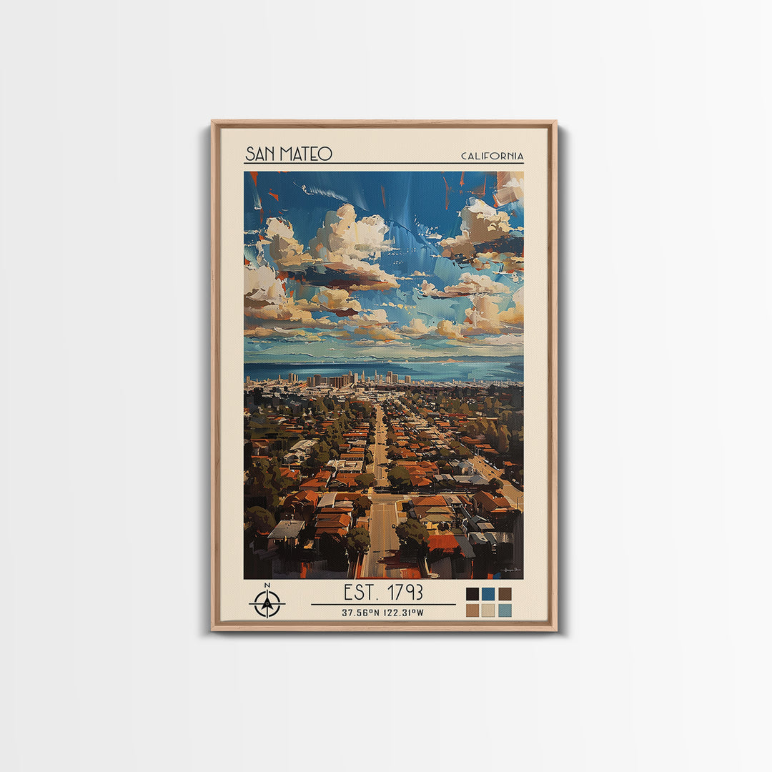 San Mateo Travel Poster, Framed Canvas Print, City Travel Poster, Travel Wall Decor, Home Decor, City Wall Art, Living Room Wall Art