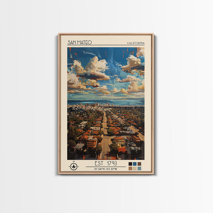 San Mateo Travel Poster, Framed Canvas Print, City Travel Poster, Travel Wall Decor, Home Decor, City Wall Art, Living Room Wall Art