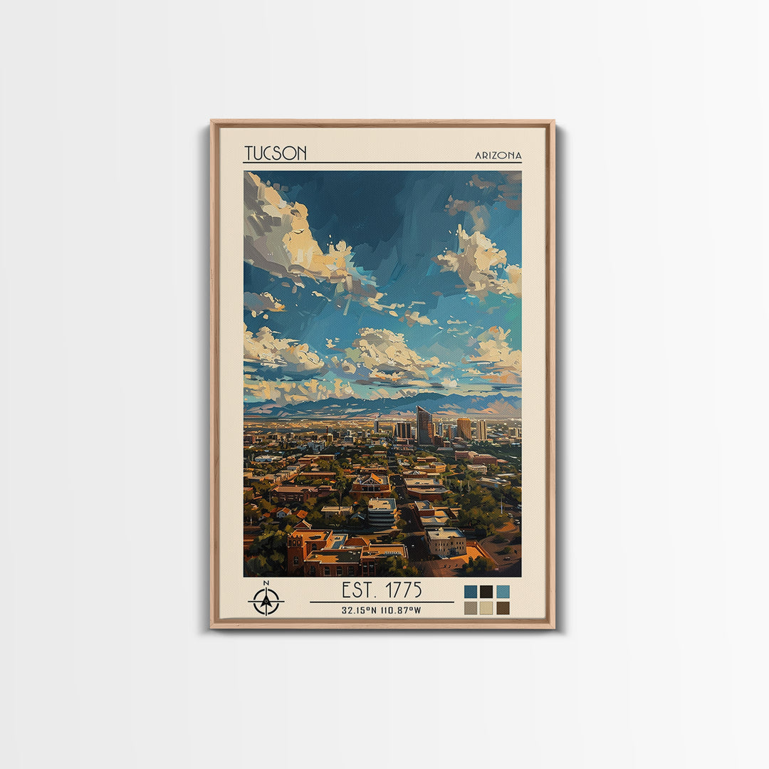 Tucson Travel Poster, Framed Canvas Print, Travel Prints, Landscape Art, Art Print, Retro Wall Art, City Illustration, City Wall Art