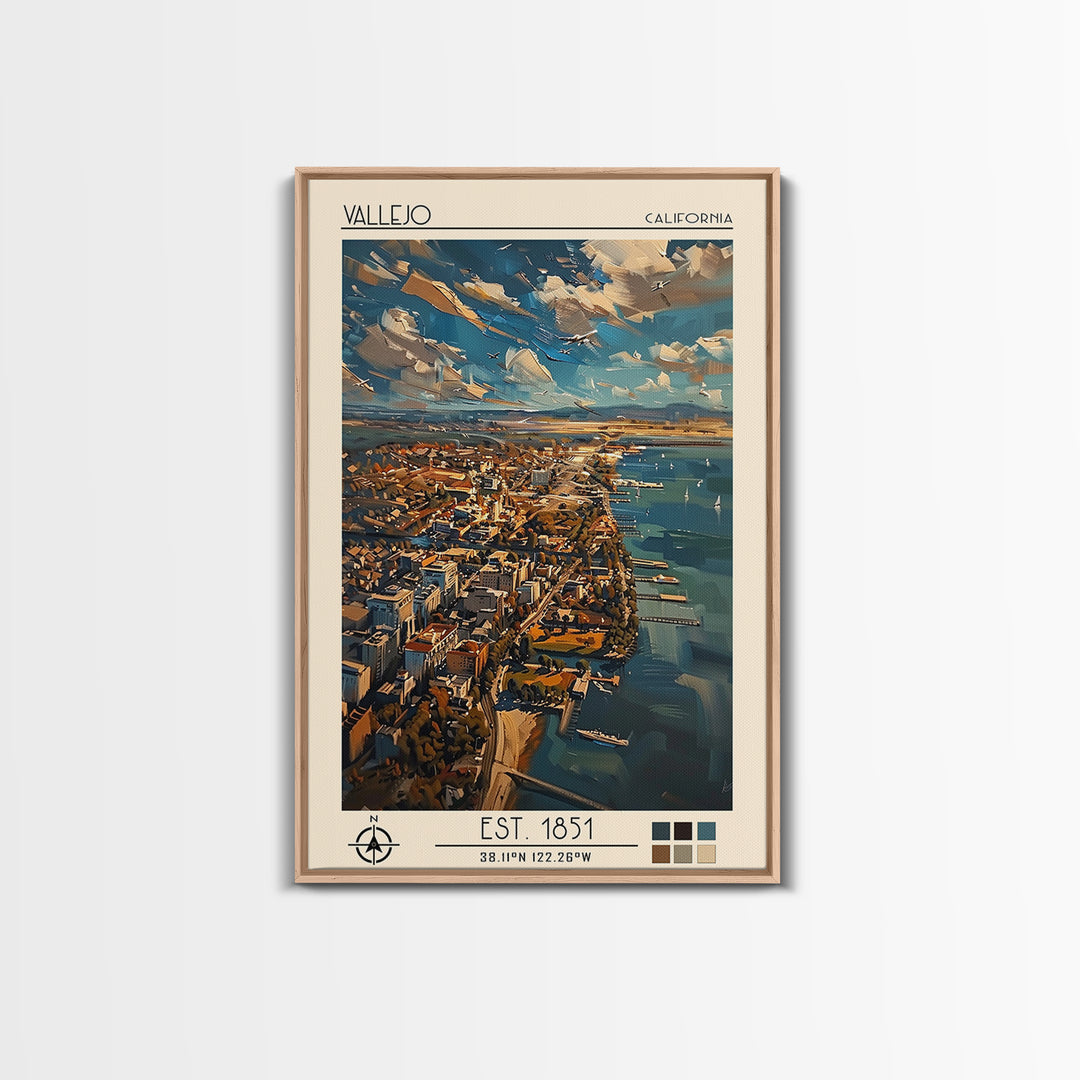 Vallejo Travel Poster, Framed Canvas Print, Travel Wall Decor, Minimalist Poster, Travel Print, Mid Century Wall Art, City Art Print