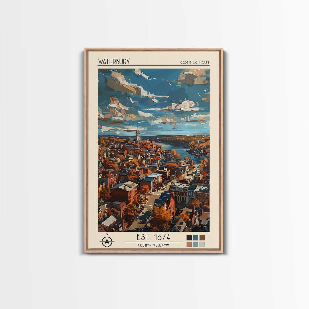 Waterbury Travel Poster, Framed Canvas Print, Travel Prints, Landscape Art, Vintage Travel, City Wall Art, Wall Art, Travel Wall Art