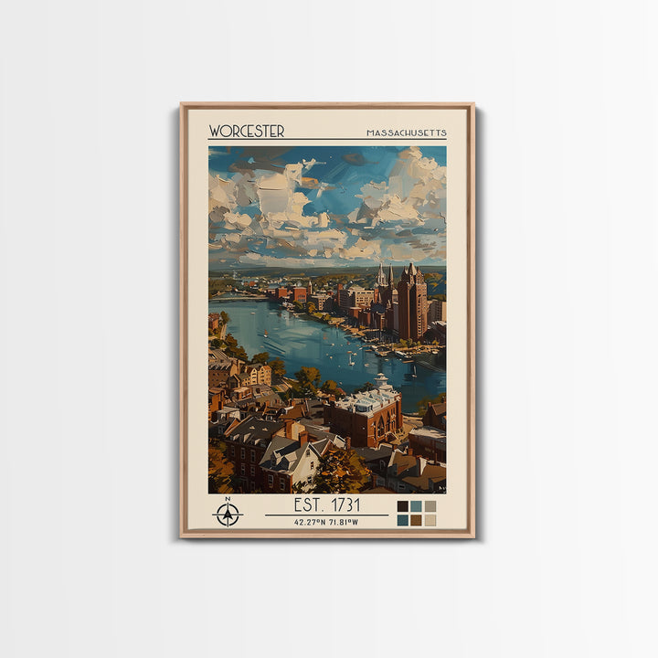 Worcester Travel Poster, Framed Canvas Print, Vintage Travel Print, City Wall Art, Retro Travel Poster, Poster Print, Fine Art Print