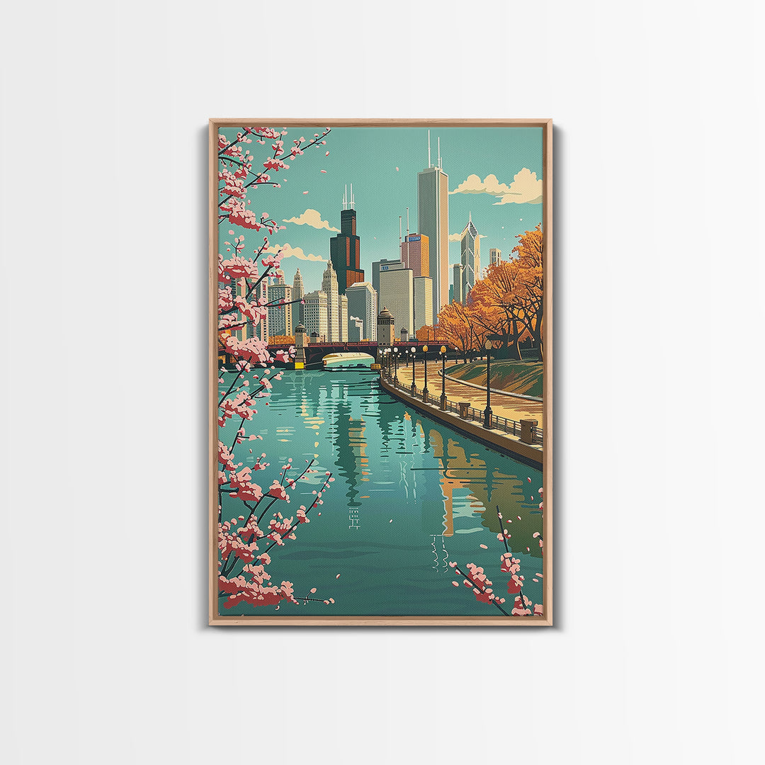 Chicago Travel Poster, Framed Canvas Print, City Art Print, Travel Wall Art, Travel Posters, Vintage Poster, Travel Prints, Wall Art