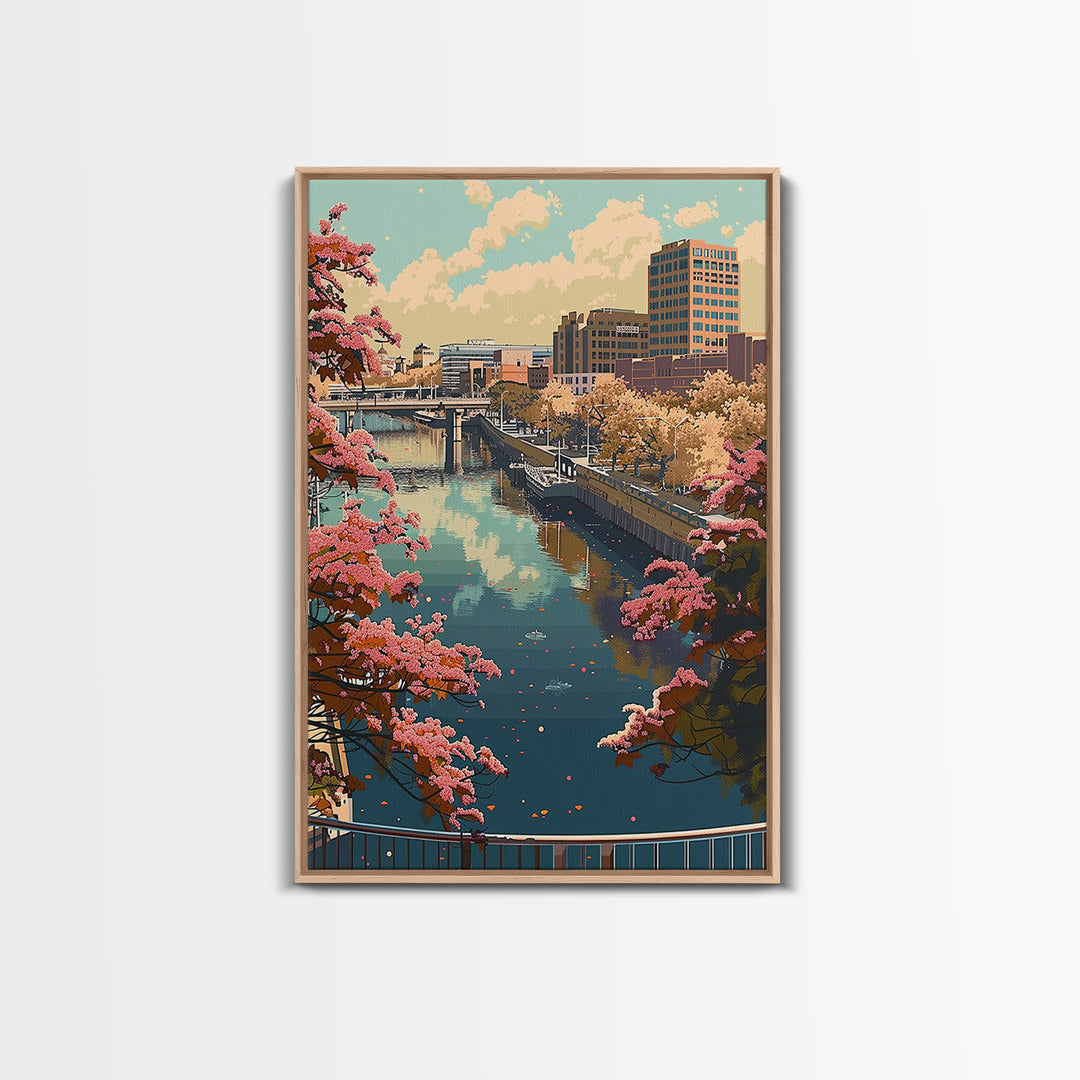 Grand Rapids Travel Poster, Framed Canvas Print, Travel Prints, Landscape Art, City Travel Poster, City Illustration, Vintage Travel