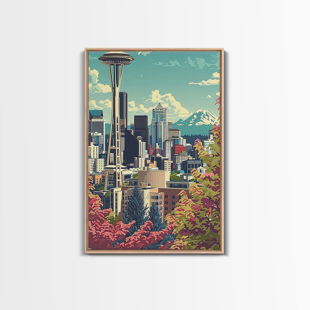 Seattle Travel Poster, Framed Canvas Print, Retro Travel Poster, City Wall Art, City Art Print, Mid Century Wall Art, Vintage Travel