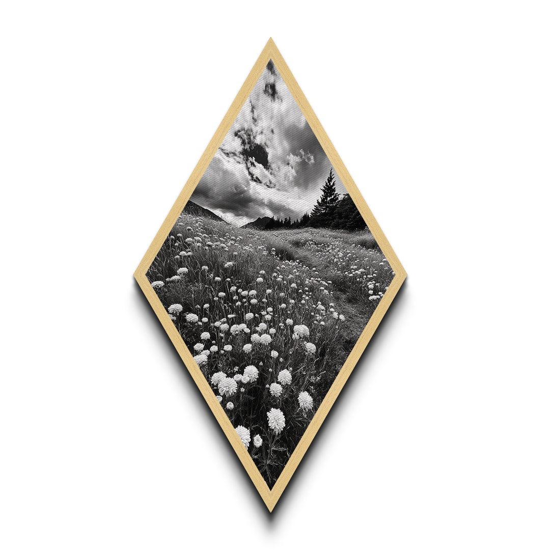Black White Meadow Diamond Shaped Canvas Art Print, Monochrome Nature Photography, Wildflower Landscape Rustic Wall Decor