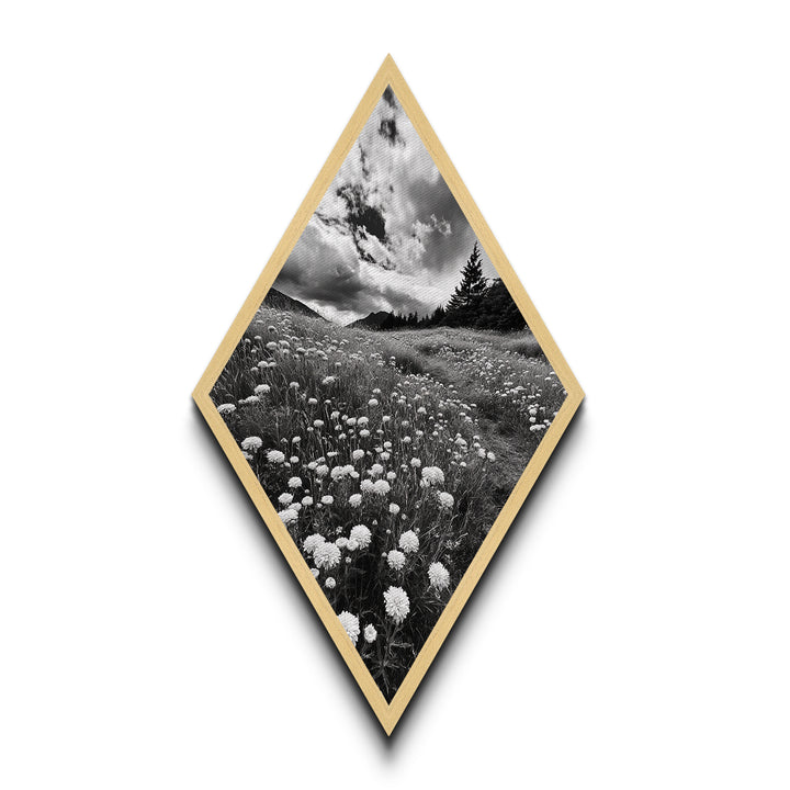 Black White Meadow Diamond Shaped Canvas Art Print, Monochrome Nature Photography, Wildflower Landscape Rustic Wall Decor