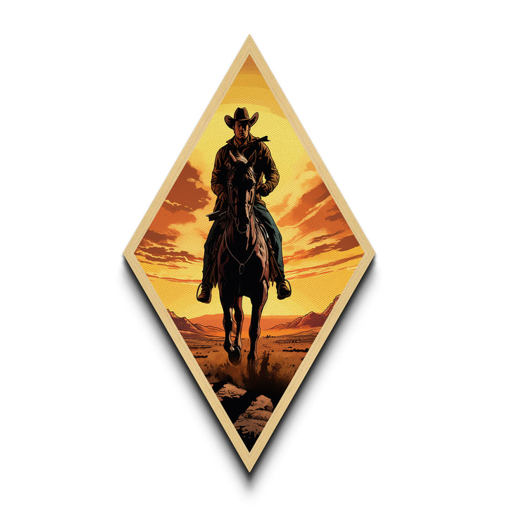 Bold Lone Cowboy Sunset Diamond Shaped Canvas Textured Print — Dramatic Western Rider Wall Art Country Rustic Ranch Home Decor