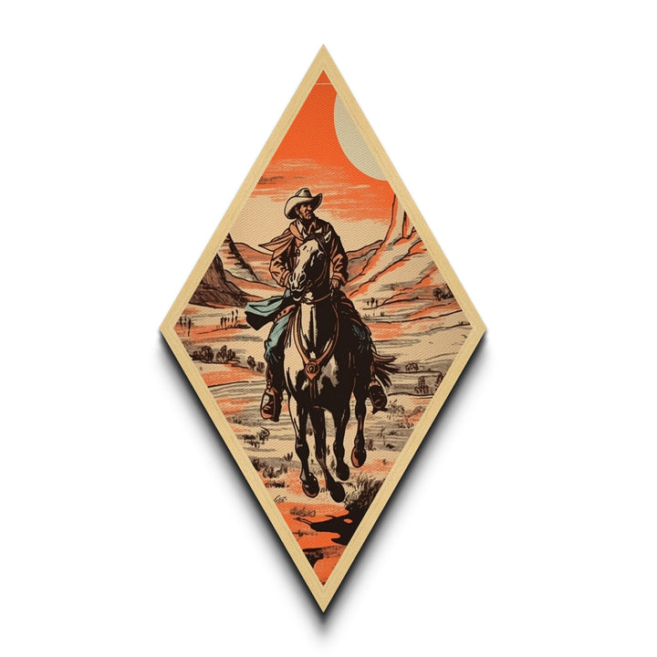 Scenic Cowboy Vista Trail Diamond Shaped Canvas Art Print — Desert Horse Rider Western Artwork Rustic Southwestern Wall Accent