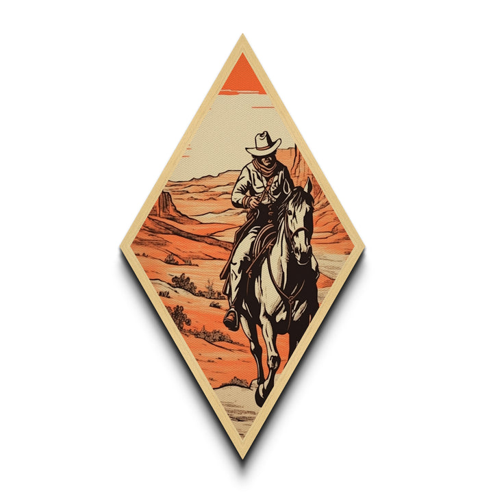 Sunset Frontier Ride Diamond Shaped Western Wall Decor Canvas Embossed Print with Cowboy Art Southwest Home Rustic Horseback Desert Scene