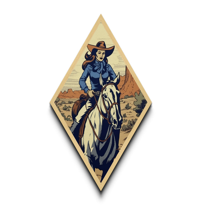 Rugged Cowgirl Charm Diamond Shaped Desert Wall Art Canvas Embossed Print Retro Western Female Horse Rider Blue Outfit Cowboy Style