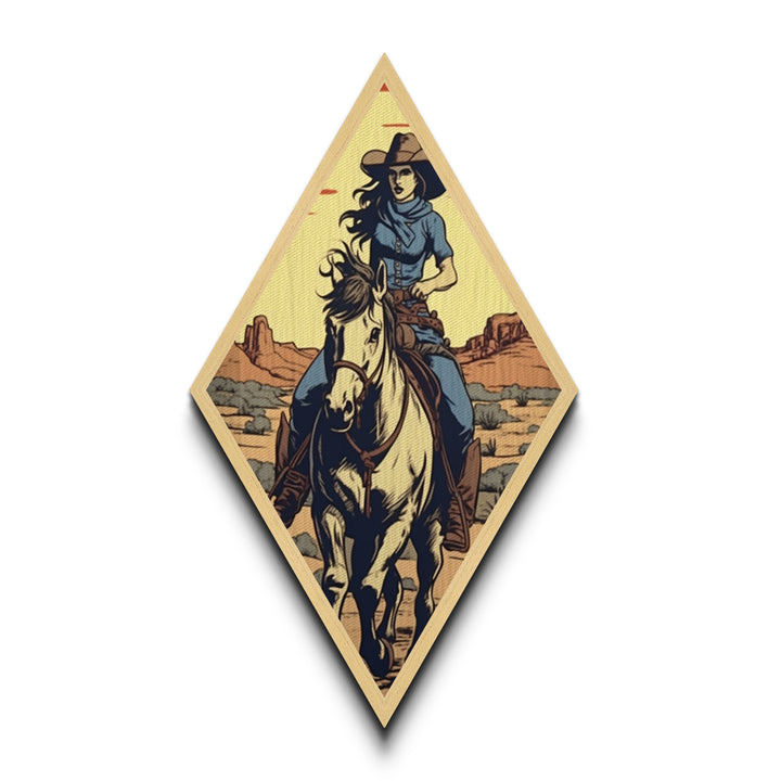 Cowgirl Desert Rider Diamond Shaped Western Wall Decor Canvas Embossed Print Retro Horseback Woman Artwork Rustic Country Living