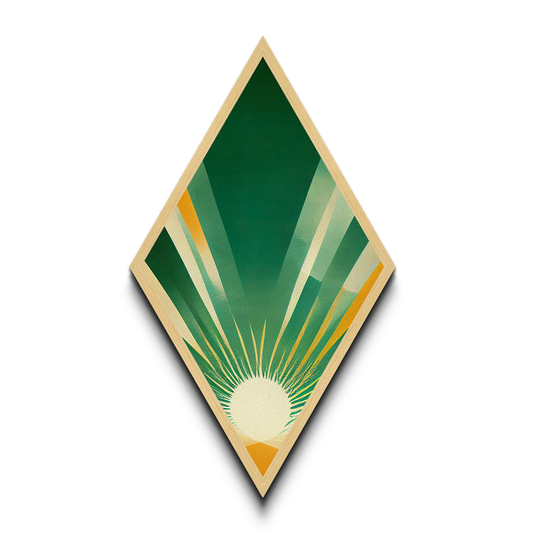 Greenburst Radiance – Diamond Shaped Retro Sunbeam Abstract Canvas Embossed Print, Mid Century Modern Art, Minimal Geometric Wall Decor