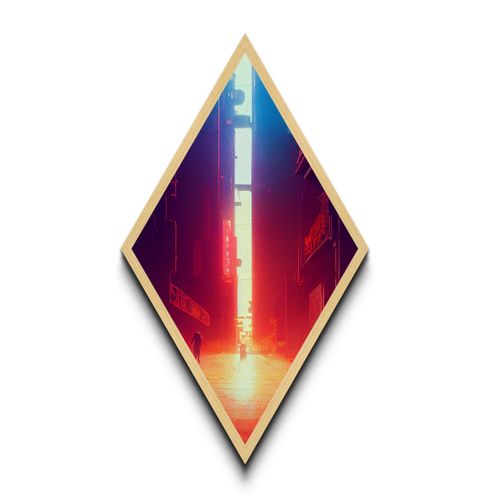 Neon Alley Escape Diamond Shaped Cyberpunk Cityscape Glow Canvas Art Print Gamer Room Sci-Fi Urban Futuristic Hallway Accent