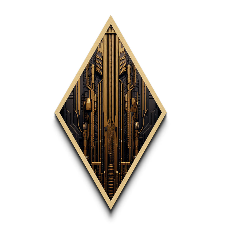 Cyber Gold Machine – Diamond Shaped Canvas Embossed Print Futuristic Wall Art, Sci-Fi Circuit Board Decor, Tech Industrial Steampunk Vibe