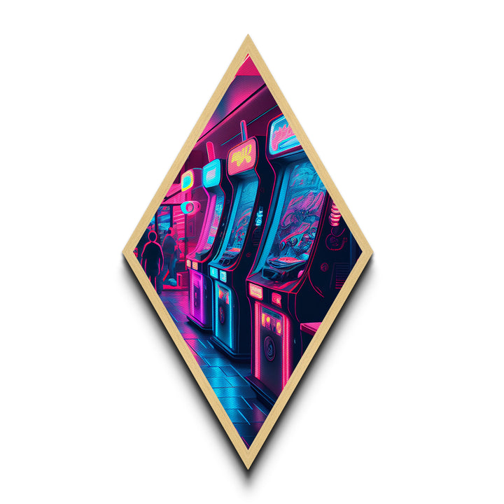 Neon Arcade Lights Diamond Shaped Canvas Textured Print, Retro Gaming Room Wall Art, Vaporwave Decor Gamer Gift Print