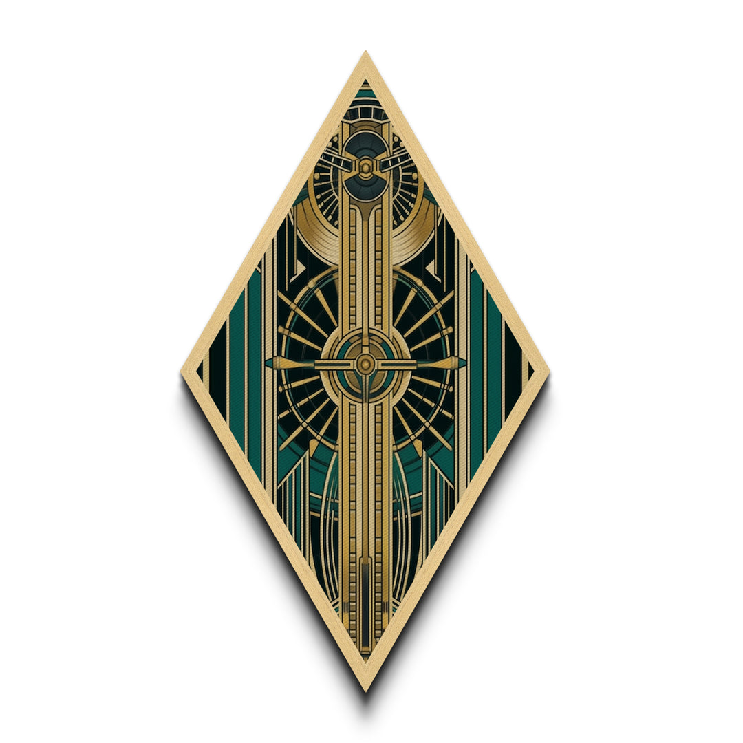 Emerald Axis Radiance – Diamond Shaped Canvas Embossed Print in gold green teal art deco, luxury retro wall accent with celestial symmetry