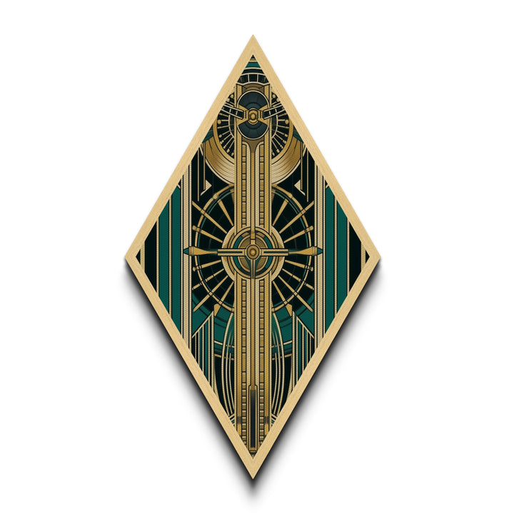 Emerald Axis Radiance – Diamond Shaped Canvas Embossed Print in gold green teal art deco, luxury retro wall accent with celestial symmetry