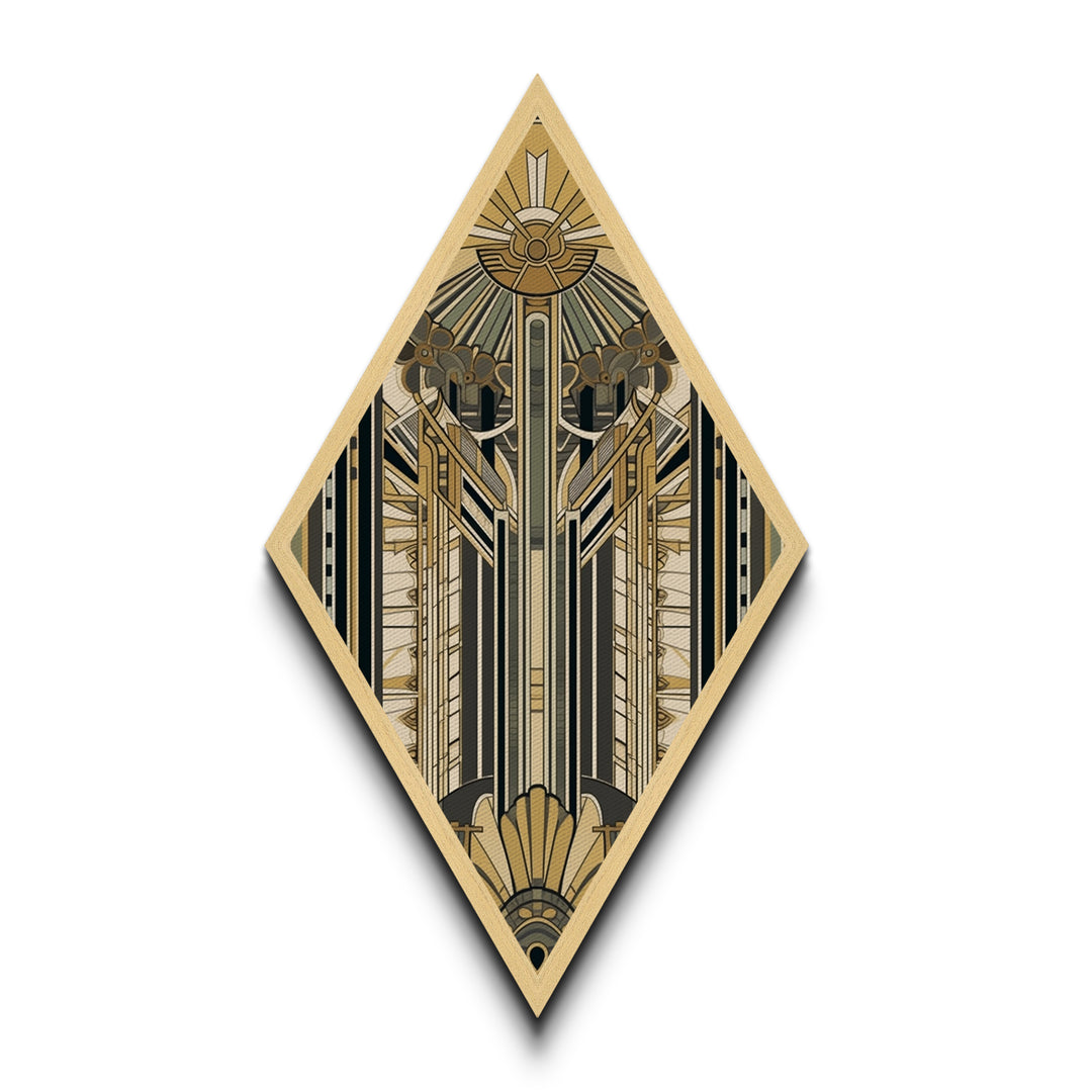 Empire Art Deco – Diamond Shaped Canvas Textured Print with golden structural symmetry, skyscraper inspired vertical abstract vintage glam