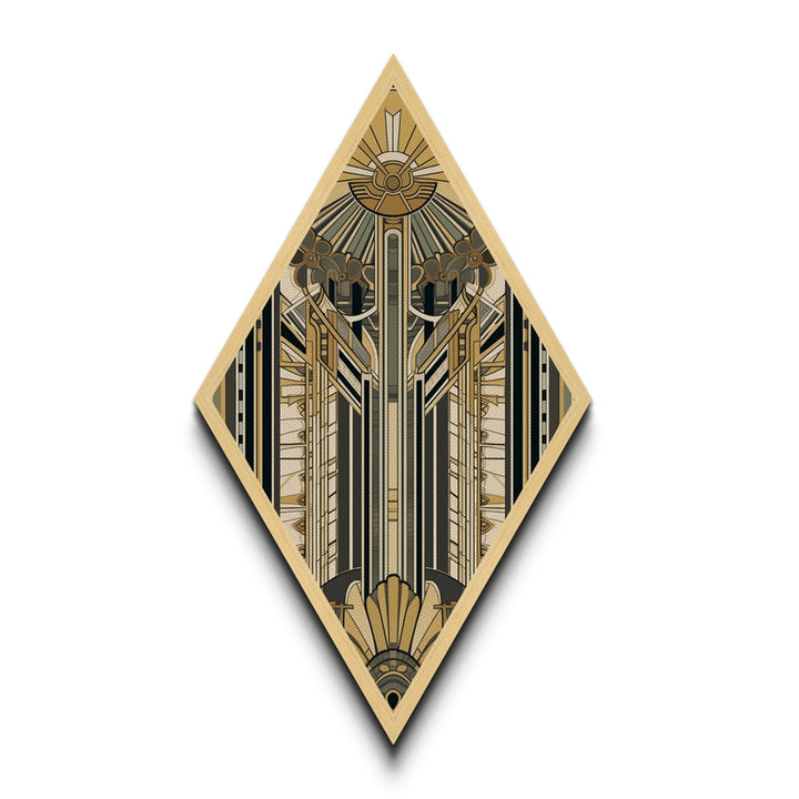 Empire Art Deco – Diamond Shaped Canvas Textured Print with golden structural symmetry, skyscraper inspired vertical abstract vintage glam