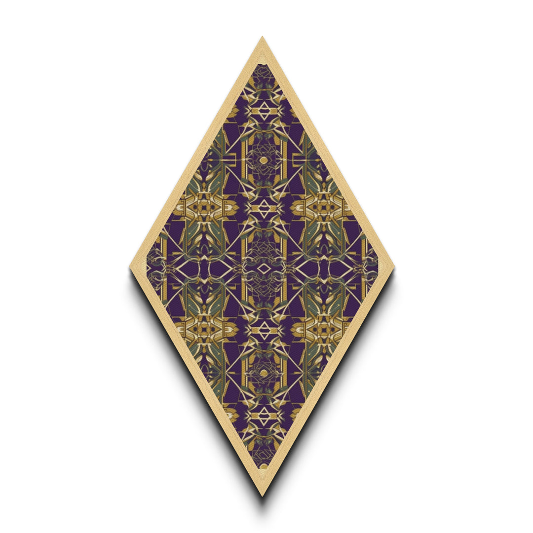 Royal Deco Mirage – Diamond Shaped Canvas Textured Print with purple gold repeating motif, symmetrical kaleidoscope retro wall pattern
