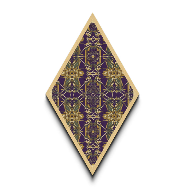 Royal Deco Mirage – Diamond Shaped Canvas Textured Print with purple gold repeating motif, symmetrical kaleidoscope retro wall pattern