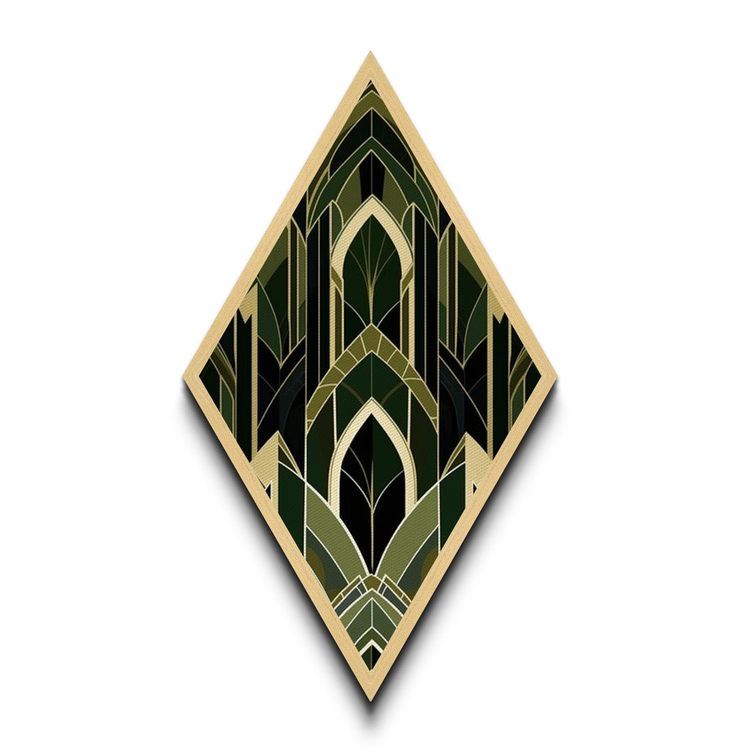 Forest Cathedral Deco – Diamond Shaped Canvas Art Print in deep green and gold, gothic geometric elegance with ornate symmetrical style