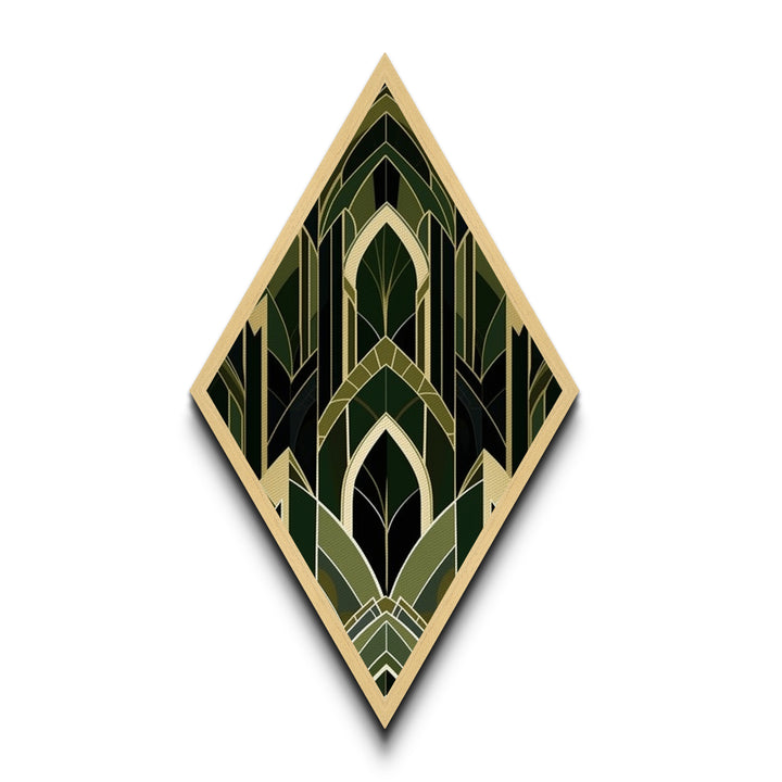 Forest Cathedral Deco – Diamond Shaped Canvas Art Print in deep green and gold, gothic geometric elegance with ornate symmetrical style