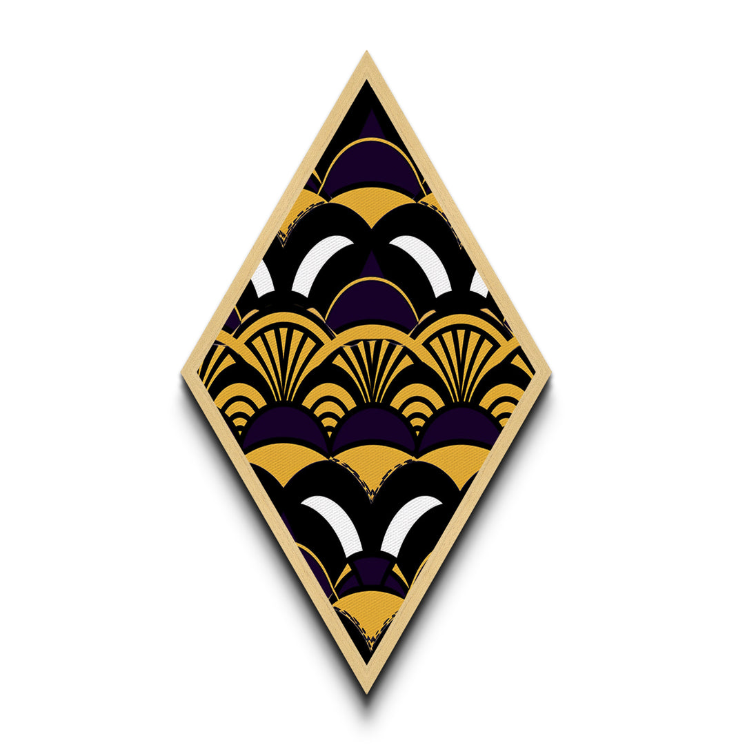 Jazz Nouveau Fanburst – Diamond Shaped Canvas Art Print with bold purple yellow scallops, roaring twenties vintage Gatsby fan pattern design