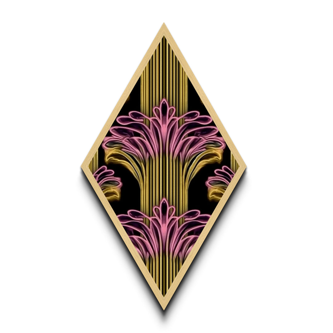 Deco Bloom Burst Diamond Shaped Canvas Textured Print, Retro Pink and Gold Wall Art, Art Deco Botanical Fan Accent Home Decor