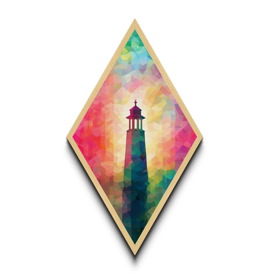 Prism Glow Lighthouse Diamond Shaped Canvas Embossed Print, Geometric Pastel Coastal Art, Modern Rainbow Nautical Scene