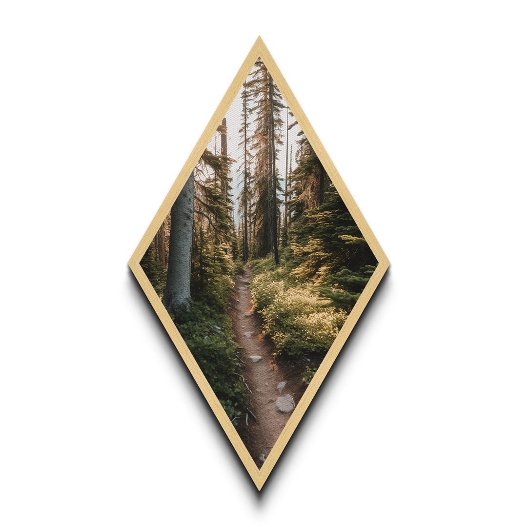 Forest Pathway Trail Diamond Shaped Canvas Textured Print, Serene Woodland Hike Decor, Earthy Green Landscape Art Print