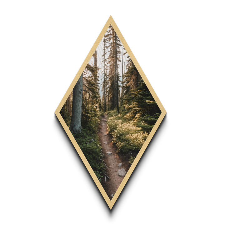 Forest Pathway Trail Diamond Shaped Canvas Textured Print, Serene Woodland Hike Decor, Earthy Green Landscape Art Print