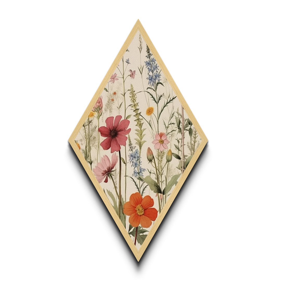 Orange and Blue Wildflowers Diamond Shaped Canvas Embossed Print, Garden Botanical Print, Rustic Floral Nature Artwork