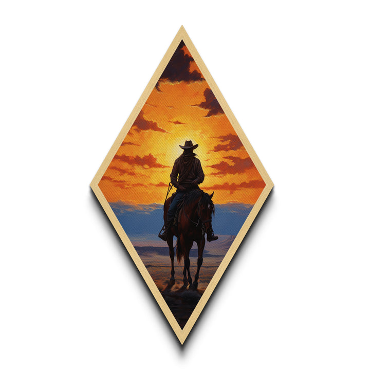 Cowboy Sunset Ride Diamond Shaped Western Horseback Silhouette Canvas Art Print Dramatic Sky Rustic Wall Decor Ranch Theme