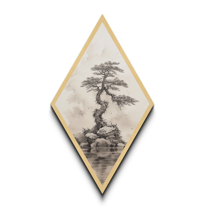 Charcoal Sketch of a Bonzai, Bonsai Tree Wall Art, Diamond Shaped Canvas Art Print, MCM Wall Decor, Odd Wall Art, Japanese Style Artwork