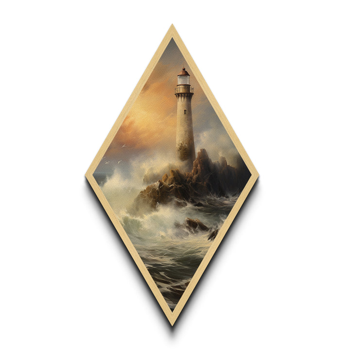 Stormy Lighthouse Glow Diamond Shaped Coastal Beacon Scene Canvas Art Print Dramatic Sea Waves Nautical Decor Maritime Lighting